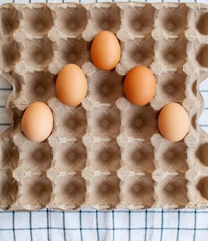 A few brown eggs among the empty cells of a large cardboard bag, a chicken egg as a valuable nutritious product, a tray for carrying and storing fragile eggs