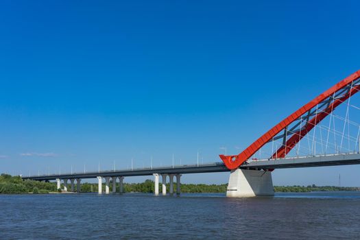Novosibirsk, Russia. Red bugrinskij bridge across the Ob river