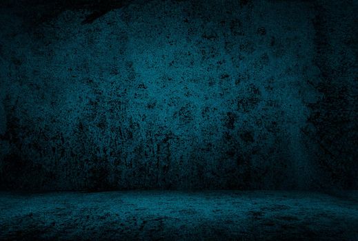 Vintage grunge blue concrete texture studio wall background with vignette