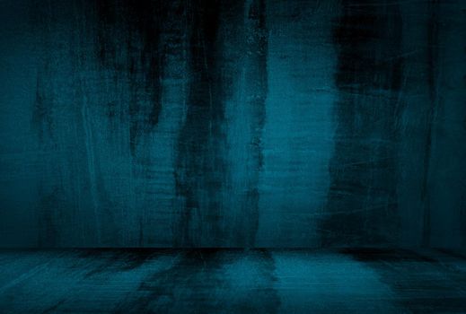 Vintage grunge blue concrete texture studio wall background with vignette