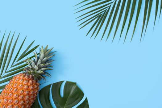 Top view of fresh pineapple with tropical palm and monstera leaves on blue table background.