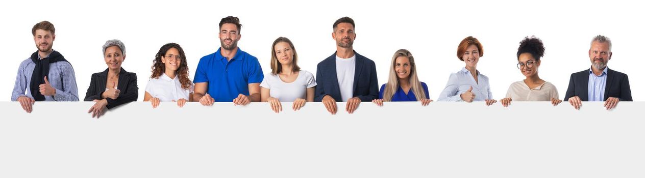 Group of business people in casual clothes holding blank banner ad isolated on white background