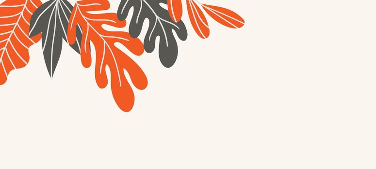 Floral web banner with drawn color exotic leaves. Nature concept design. Modern floral compositions with summer branches. Vector illustration on the theme of ecology, natura, environment.