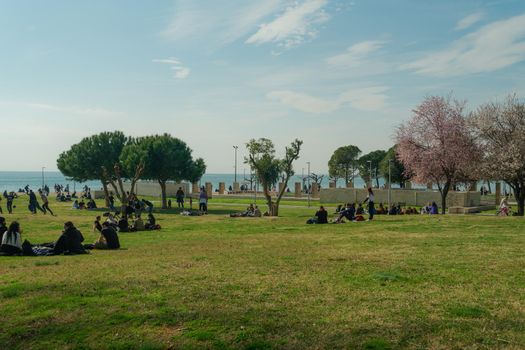People at the park at the city landmark area on a spring day, with bloomed cherry blossom trees.