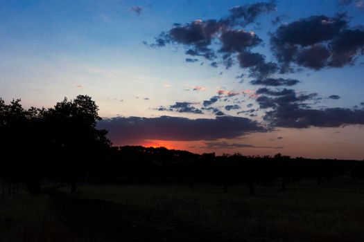 Backlit sunset with yellow, red and blue colors in southern Andalusia, Spain