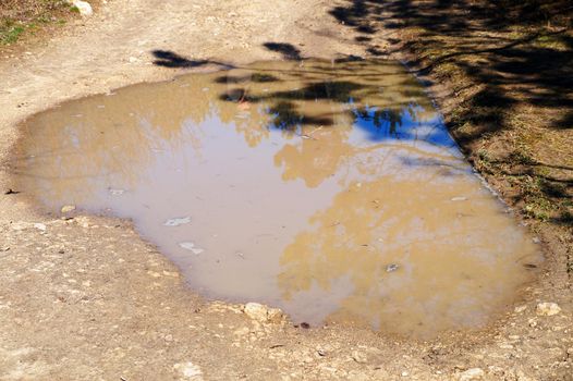 big muddy puddle on a dirt road in spring.