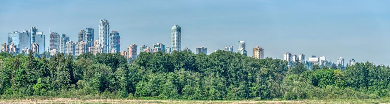 Panoramic view of Metrotown on bright summer day.