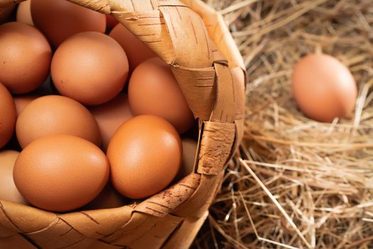 Fresh brown chicken eggs in a basket and in a nest from hay in a barn.