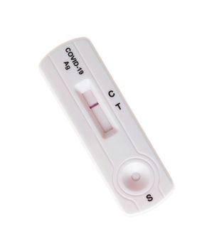 Home antigen test for capturing of COVID-19 antibodies isolated over white background. It shows negative result. 