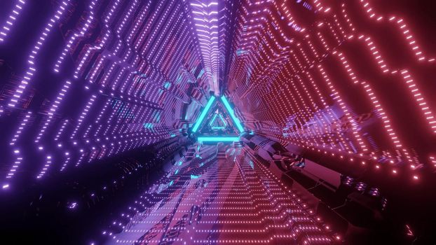 Triangle shape endless abstract tunnel with glowing lights in darkness of 3d illustration