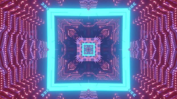 Bright neon blue square pattern forming futuristic sci fi corridor in lights 3d illustration
