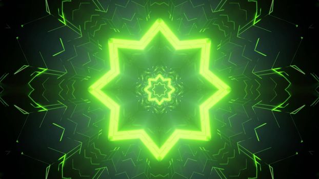 Vibrant green neon illuminated star tunnel with sci fi star as 3d illustration