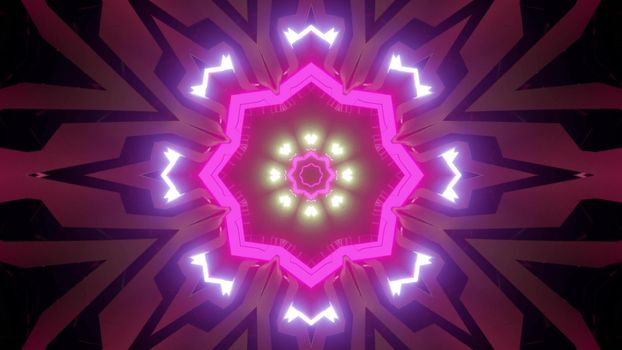 3d illustration of abstract background of symmetric tunnel with pink and purple neon lights