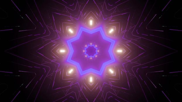 Kaleidoscopic futuristic 3d illustration of symmetric star shaped pattern glowing with neon light in dark