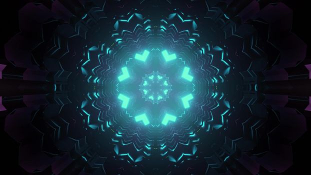 Colorful symmetric corridor in blue neon illumination with kaleidoscopic pattern design 3d illustration