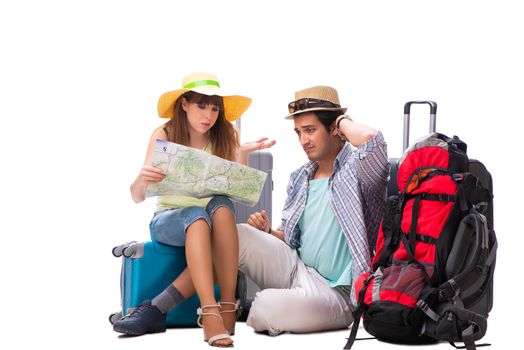 Young family preparing for vacation travel on white