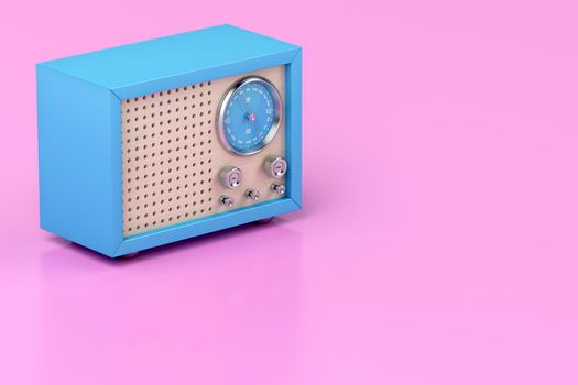 Blue retro radio on shiny pink background