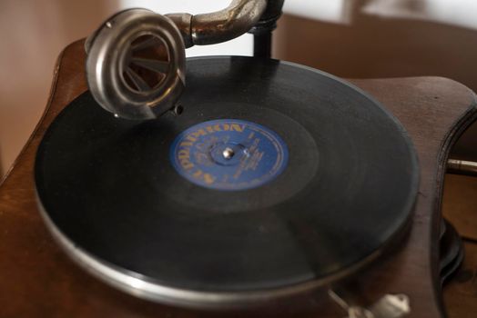 Detail of a Gramophone while a record is playing