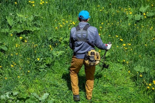 Lawnmower worker man cutting green grass at summer daylight with two-cycle engine string trimmer in Russia.