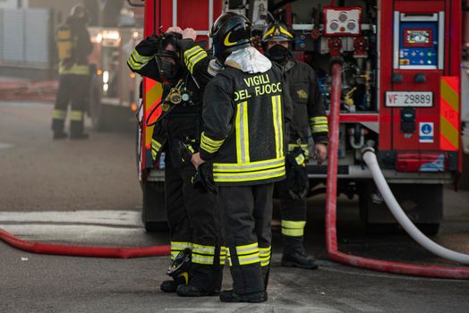 VILLANOVA DEL GHEBBO, ITALY 23 MARCH 2021: Firefighters detail at work