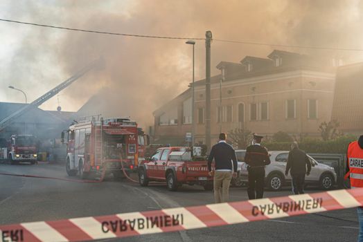 VILLANOVA DEL GHEBBO, ITALY 23 MARCH 2021: Road closed with firefighters
