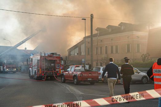 VILLANOVA DEL GHEBBO, ITALY 23 MARCH 2021: Road closed with firefighters