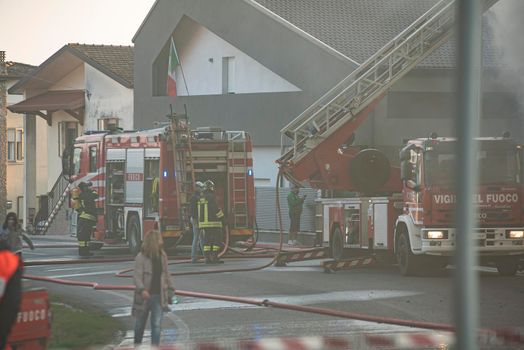 VILLANOVA DEL GHEBBO, ITALY 23 MARCH 2021: Firefighters at work