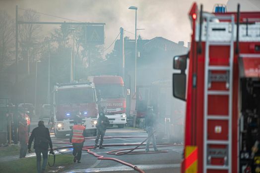 VILLANOVA DEL GHEBBO, ITALY 23 MARCH 2021: Firefighters emergency scene