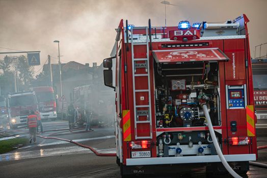 VILLANOVA DEL GHEBBO, ITALY 23 MARCH 2021: Firefighters emergency scene