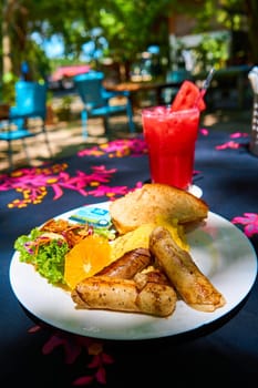 Breakfast at a cafe on a tropical island.