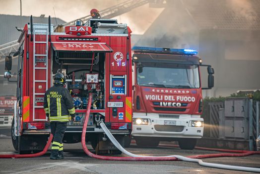 VILLANOVA DEL GHEBBO, ITALY 23 MARCH 2021: Firefighter emergency detail