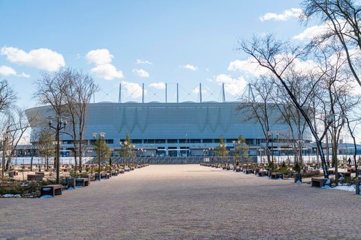 football arena stadium on the background of the blue sky. High quality photo