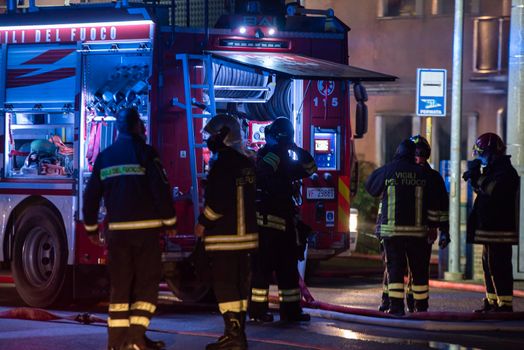 VILLANOVA DEL GHEBBO, ITALY 23 MARCH 2021: Night firefighters detail