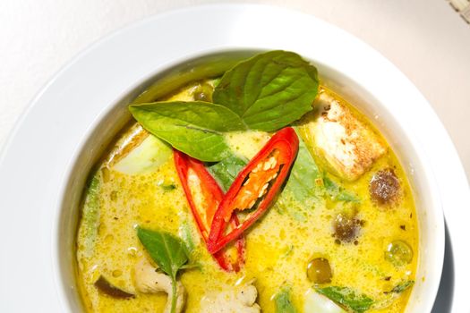 Thai food chicken green curry top view with copy space