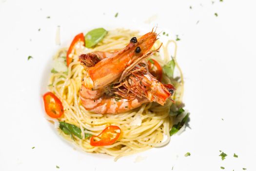 Italian Spaghetti with tiger prawn. Copy Space