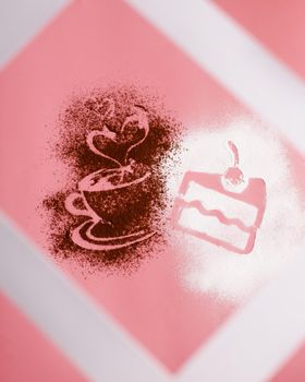 photo frame and coffee silhouette from coffee and powdered sugar on pink background