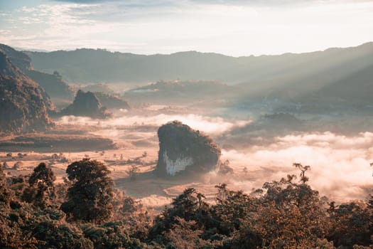 Landscape. Beautiful sunrise at Phu Lang Ka, Phayao in Thailand