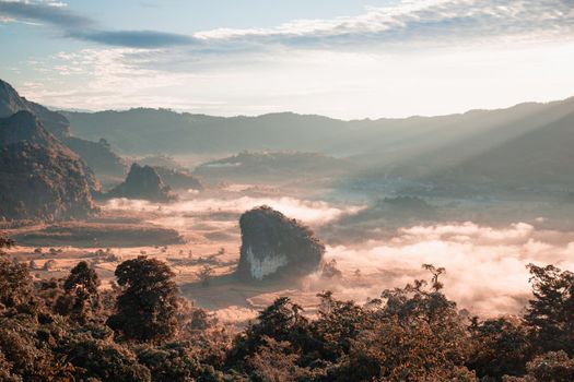 Landscape. Beautiful sunrise at Phu Lang Ka, Phayao in Thailand