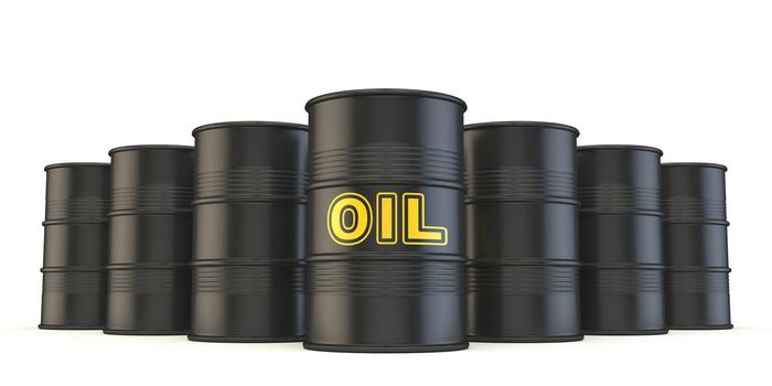 Black oil barrels 3D render illustration isolated on white background