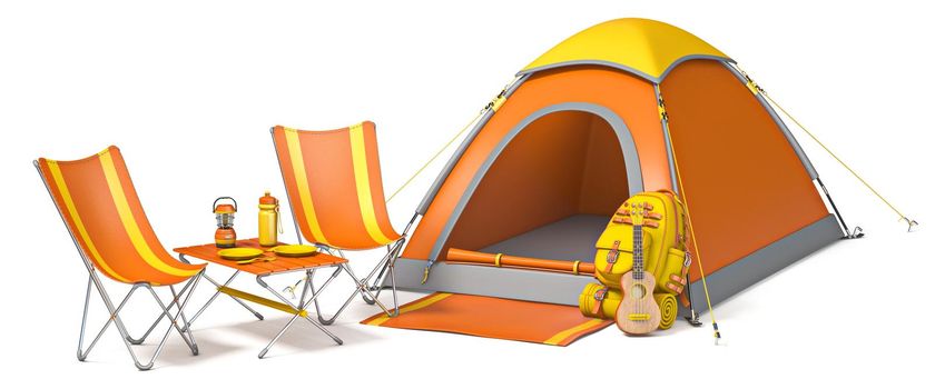 Picnic and camping site with chairs 3D render illustration isolated on white background