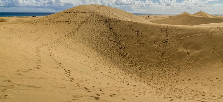 Wide-shot of sand dunes covered with footprints at teh beach on a  sunny day