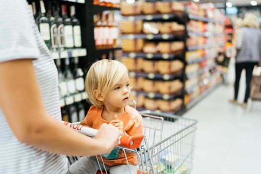 Mom and daughter are shopping at the supermarket. The girl is sitting in the cart. High quality photo