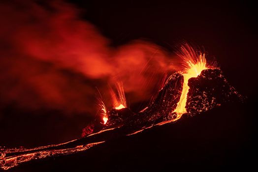 Fagradalsfjall volcanic eruption at night in Reykjanes peninsula around 40 kilometres from Reykjavik, Iceland