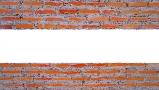 Empty old brick wall painted texture happy red-brown wall wide grunge brick wall shabby building with damaged plaster abstract web banner white copy space draped over.