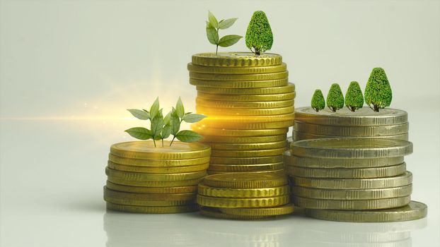 A close-up of 10 cent coins and other coins stacked up. Show the concept of flourishing investment and financial valuation.