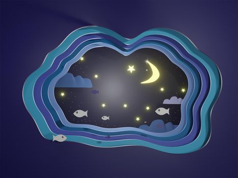 Abstract night sky with stars and fish swimming in the night modern 3d origami paper art style 3d rendering.