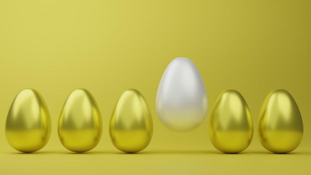 Abstract luxury golden easter eggs isolated on yellow background during easter festival 3d rendering.