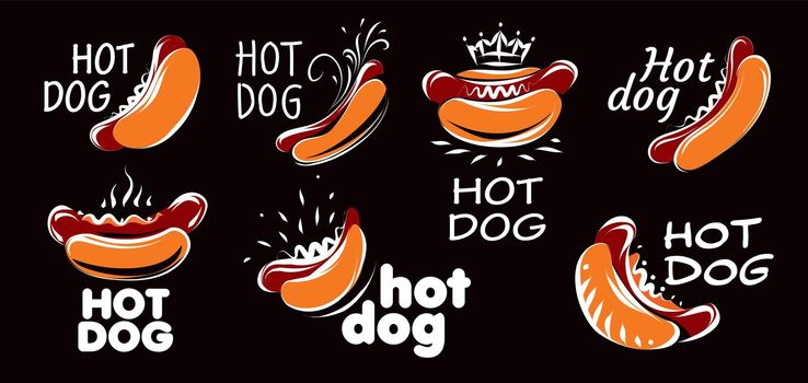 Vector set of drawn hot dogs on a black background.