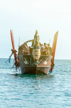 Boat in the form of galleys on black sea