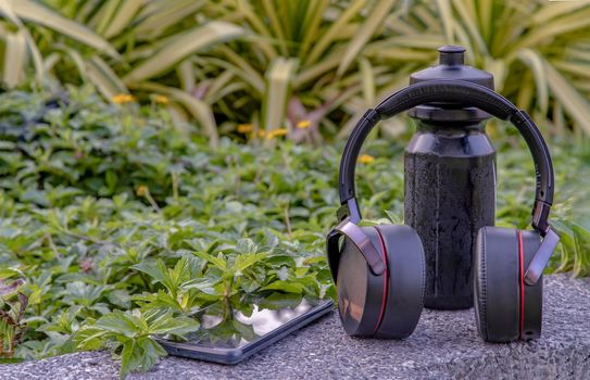 Composition of Smartphone and Headphones for listening to music and water bottle Placed on natural green background In the time of rest. Personal device with Space for text, Selective focus.